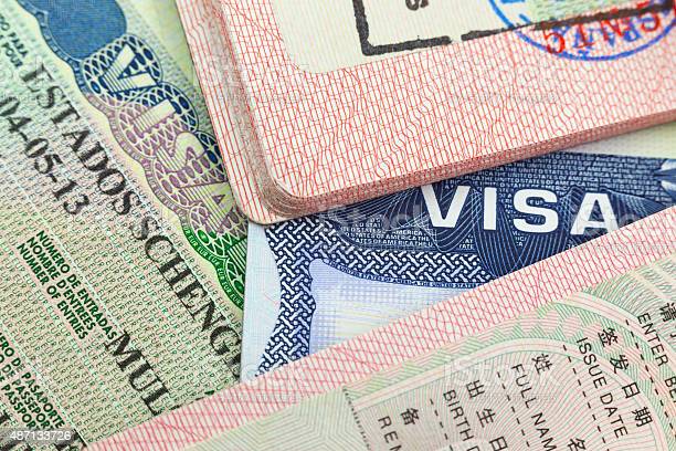 Chinese, USA and Shengen European visas in passports - adventure background Chinese, USA and Shengen European visas in passports - adventure background